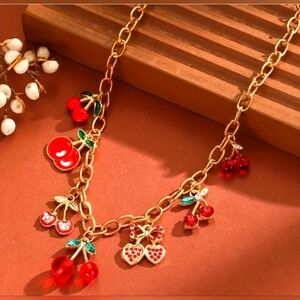 Gold Paperclip Styles CHERRY 🍒 charms Station Necklace Chain. Adjustable.